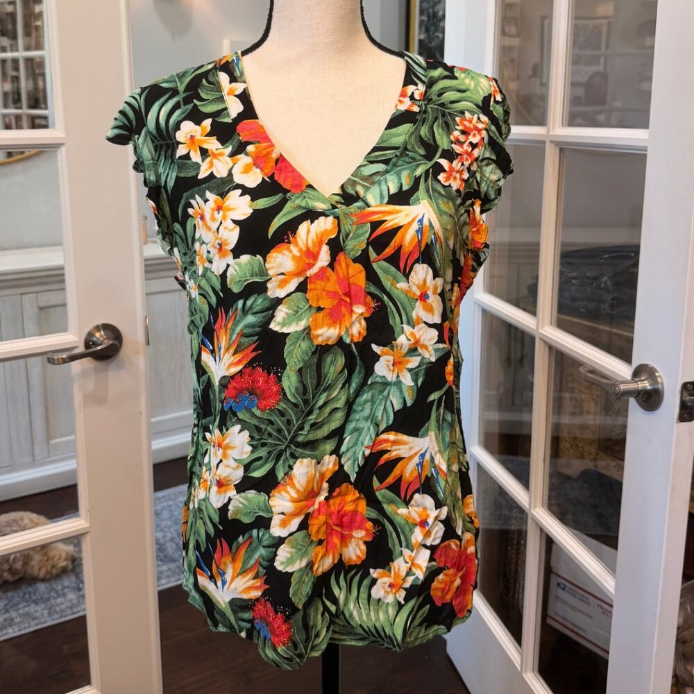 Anne Carson V Neck Floral Tropical Ruffle Sleeve Tank Top Shirt M
